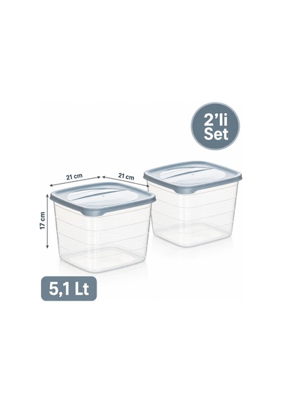 Porsima 0975 2'li Kare Erzak Saklama Kabı Seti 5,1 Lt Cool Gri - Şeffaf Bakliyat, Deterjan & Mutfak Düzenleyici Kutu