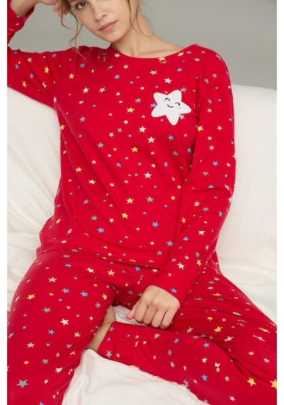 Siyah İnci Pamuklu Bisiklet Yaka Örme Pijama Takım25241120 Kırmızı
