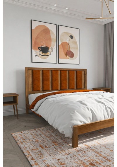 Ori On Kiremit Rengi Puf Başlıklı Masif Ahşap Ceviz 100x200
