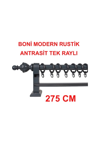 Boni Modern Rustik Ahşap Rustik Perde Askısı Tek Raylı-antrasit 275 Cm Antrasit