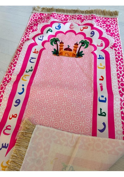 Çocuk Seccadesi 97x45 Cm Arapça Alfabeli Püsküllü Namaz Seccadesi Pembe