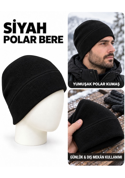 Unisex Polar Bere, Kadın Ve Erkek Uyumlu, Kışlık Yumuşak Polar Bere Siyah