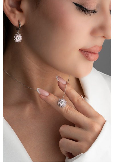Çekirdekjewelry 925 Ayar Gümüş Lotus Kolye Küpe Seti Gri Pembe