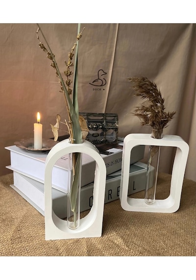 Modern Geometrik Cam Tüplü Vazo Set 2'li 12-16cm Taş Tozu Beyaz
