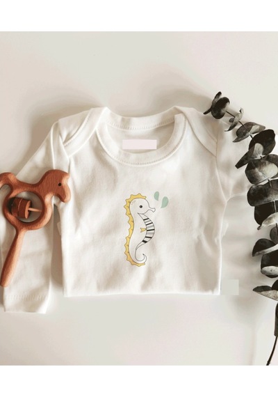 İmaj Tuğbababy Deniz Atı Uzun Kol Çıtçıtlı Organik Bebek Body Beyaz