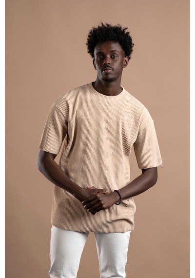 Oversize Bol Kesim Kalın Fitilli Bisiklet Yaka Kısa Kol T-shirt 001