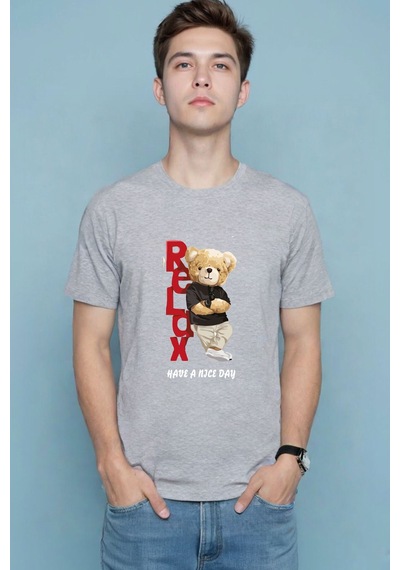 Ayıcık Relax Ayı Tasarım Şık Baskılı %100 Pamuk Regular Fit Bisiklet Yaka Gri T-shirt Gri
