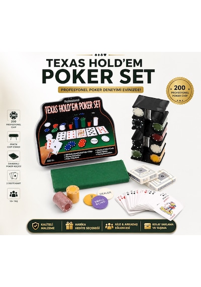 Profesyonel Texas Poker Seti 200 Chip - 2 Deste İskambil Kart - Keçe Masa Örtüsü - Metal Kutu