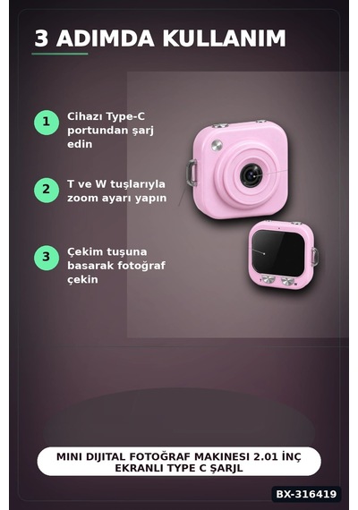 Mini Dijital Fotoğraf Makinesi 2.01 İnç Ekranlı Type C Şarjlı Pembe Kamera Bx-316419