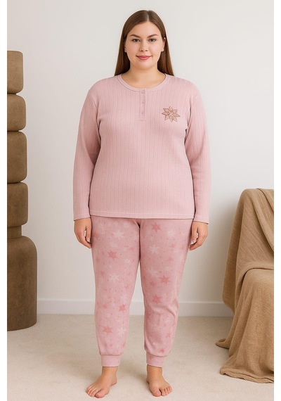 Pemilo Kadın Büyük Beden 0250 Raporlu Pijama Takımı GÜL KURUSU