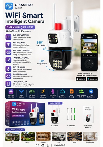 O-kam 6015 3mp+3mp Uyumlu 21 Ledli Dual Çift Lensli Hareketli Gece Renkli Sesli Ptz Wifi Güvenlik Kamerası Beyaz - 913736064