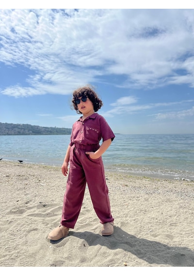 Cigit Cebi Nakışlı Gömlek Pantolon Keten Takım 2-7 Yaş Mürdüm Mürdüm