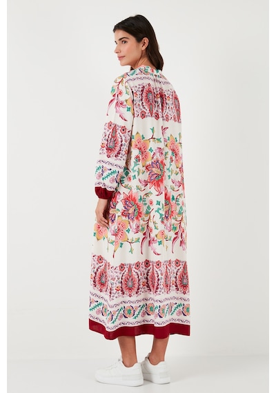 Lela Modest Desenli Regular Fit Bağlamalı V Yaka Maxi Bayan Elbise 611El510 Bordo