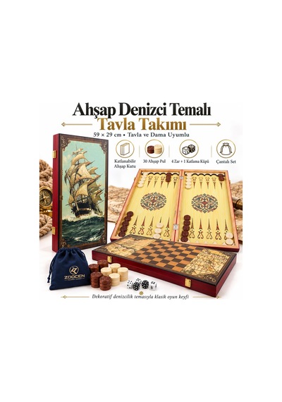 Jumbo Boy Doğal Ahşap Tavla Ve Dama Seti 2'si 1 Arada Denizci Temalı Hediyelik & Dekoratif Set