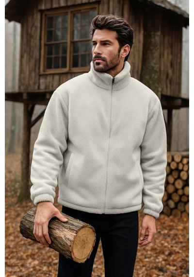 Ghassy Co. Erkek Pro Termal İç Dış Sherpa Sonbahar Kış Tam Fermuarlı Peluş Sweatshirt Ekru