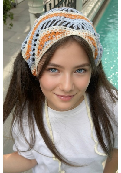 Kadın Bandana Turuncu Çizgili Triko Hair Band Kadın Retro Yazlık Saç Aksesuarı Turuncu