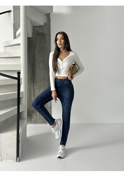 Kadın Bıyık İşlemli Kot Dar Paça Jeans Lacivert