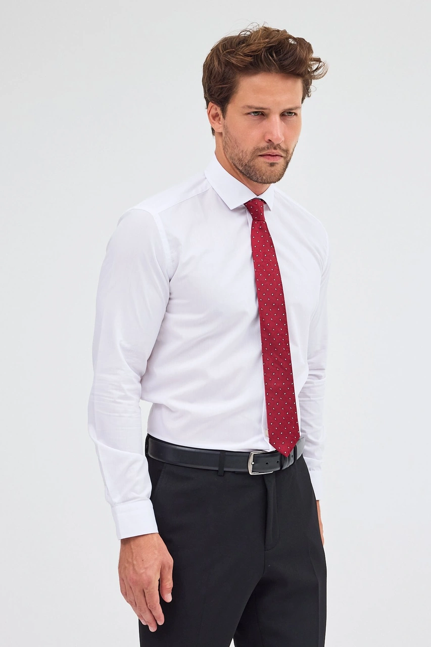 İmza Beyaz Yarım İtalyan Yaka Uzun Kol Easy To Iron Slim Fit Pamuklu Gömlek 1004255301 Beyaz