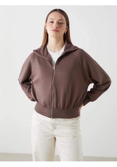 Lcwaıkıkı Classic Kahverengi Dik Yaka Oversize Kadın Fermuarlı Sweatshirt