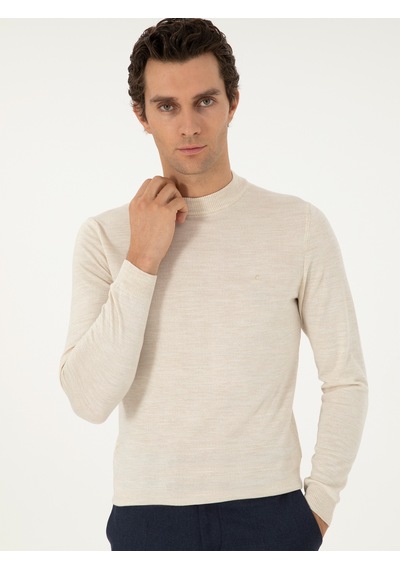 Cacharel Bej Slim Fit Yün Karışımlı Çeyrek Balıkçı Yaka Basic Triko Kazak