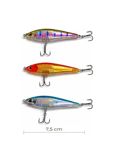 Exent, 3 Adet 8 Gr. 7,5 Cm 6 Kancalı Suni Balık Yemi, Rapala-gerçek Görünümlü Suni Yem