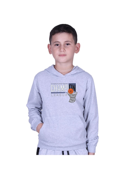 Fyk Kids Kapüşonlu Kanguru Cepli Champıon Baskılı Erkek Çocuk Sweatshirt Gri