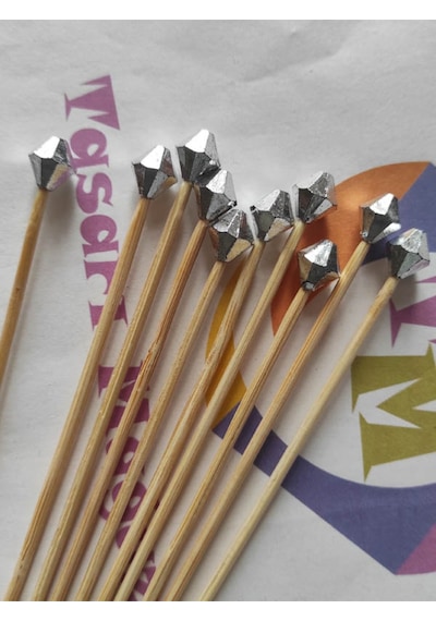 15 Cm Uzun Kürdan - 30 Adet Gümüş Piramit Boncuklu Kokteyl Karıştırıcı - Pasta Kürdanı