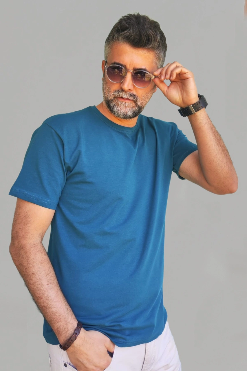 Vien&Karl Erkek Beyaz-siyah-laci-petrol Mavi Slim Fit Bisiklet Yaka Pamuk Elastan 4'lü Basic Tişört Vk-erkektişört-düz-4lü