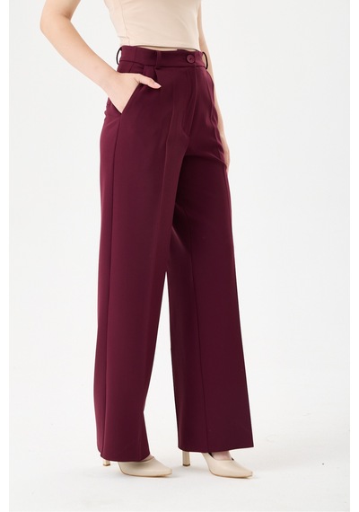 Velnara Moda Mürdüm Boru Paça Cepli Yüksek Bel Dokuma Kumaş Kadın Pantolon Bordo Mürdüm - 918013923 Bordo Mürdüm