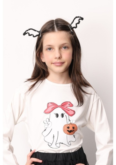 Le Mabelle Beyaz Sevimli Hayalet Baskılı Uzun Kollu Halloween Kız Çocuk Tişört Beyaz