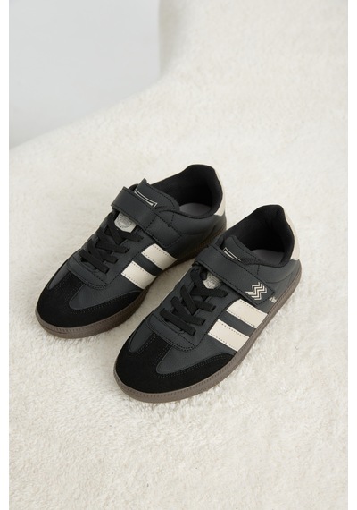 Tonny Black Termo Taban Yanı Şeritli Cırtlı Bağcıklı Sneaker Çocuk Unisex Siyah Bej Sneaker Tbzer040