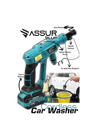 Assur Plus 21V Kömürsüz Motor Yüksek Basınçlı Akülü Oto Araba Yıkama Makinesi Şarjlı - 2853