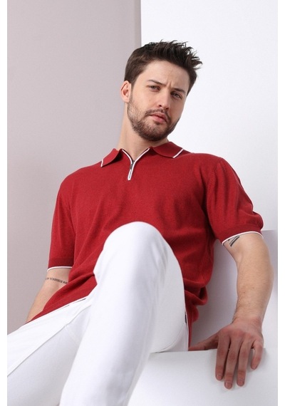 Ferraro Tarçın Yaka Şerit Fermuarlı Erkek Pamuk Triko T-Shirt-Tarçın
