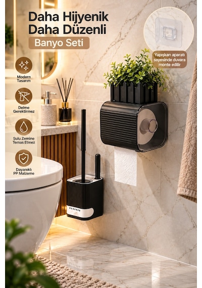 Porsima 2li Banyo Seti Yapışkanlı Banyo Tuvalet Kağıtlığı Tuvalet Fırçası Peçetelik Tuvalet Fırçalığı Siyah