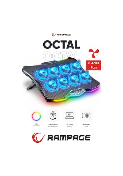 Rc16 Octal 8 Fanlı Rgb Işıklı 14 - 17.3 İnç 10 Rgb Modlu Notebook Soğutucu Stand Laptop Soğutucu