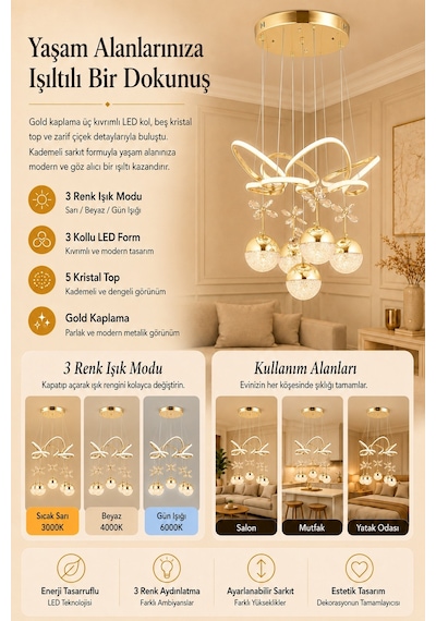Ey-El Tasarım Modern Sarkıt Led Avize 3 Renk Gold Kaplamalı Gold