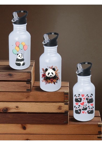 Pandalar Baskılı Matara Suluk 3'lü - Su Matarası, Spor Matarası 600 Ml Beyaz