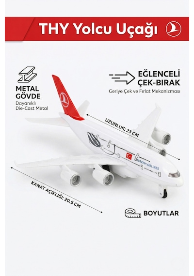 Türk Hava Yolları Thy Metal Oyuncak Uçak Çek Bırak Die-cast Yolcu Uçağı Maketi 23 Cm
