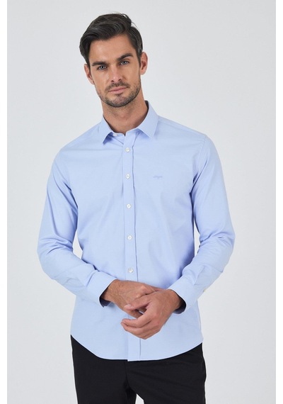 İmza Uzun Kol Düz Bez Ayağı Sert Yaka Cepsiz Pamuklu Classic Slim Fit Gömlek 1004250195 Koyu Mavi