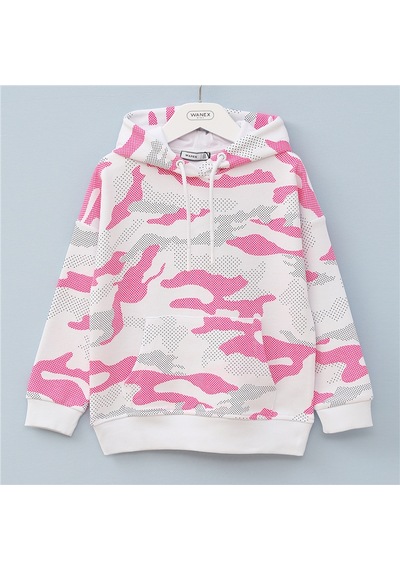 Wanex Kız Çocuk Uzun Kol İki İplik Kapüşonlu Cepli Desenli Sweatshirt - 32157 Neon Pembe