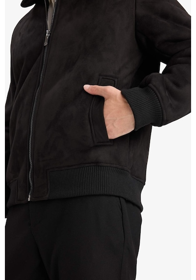 Defacto Slim Fit Dar Kesim Kürklü Polo Yaka Astarlı Fermuarlı Cepli Süet Mont A3869ax25wnbk27 Siyah-bk27