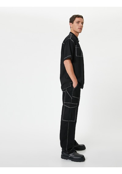 Koton Oversize Kargo Pantolon Renk Kontrastlı Bol Düz Paça Siyah 4sam40214nd Siyah