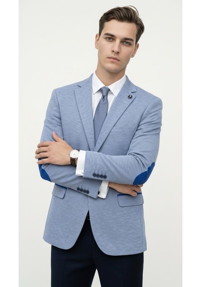 Plus Scorpion Erkek Slim Fit Ceket Kol Yamalı Çift Yırtmaç Mikro Desenli Blazer Indigo