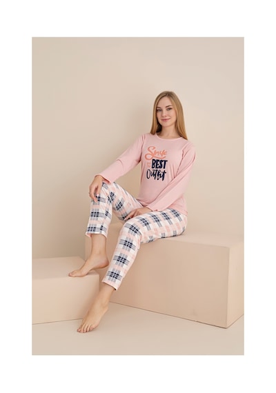 Rindahomewear Kadın Smile Baskılı Süprem Uzun Kol Pijama Takımı Somon
