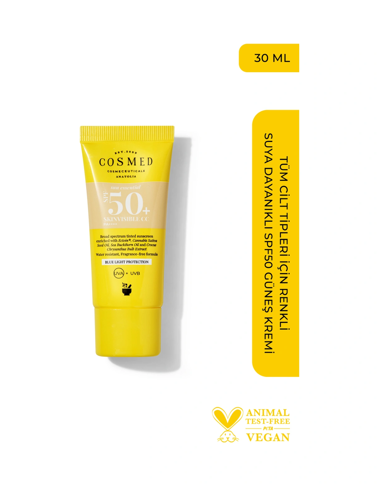 Cosmed Tüm Cilt Tipleri İçin Renkli Suya Dayanıklı SPF50+ Güneş Kremi - Skinvisible CC SPF50+ - 30 ml