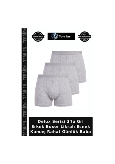 Terrien Delux Serisi 3'lü Gri Erkek Boxer Likralı Esnek Kumaş Rahat Günlük Baba