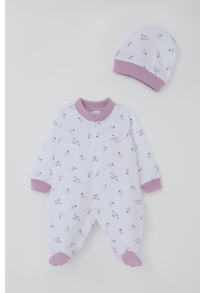Breeze Kız Bebek Patikli Tulum Çiçek & Yazı Desenli 0-6 Ay, Beyaz