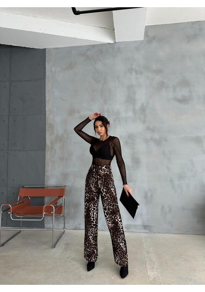Zeo Basic Wide-leg Pantolon Leopar Desenli Kahverengi