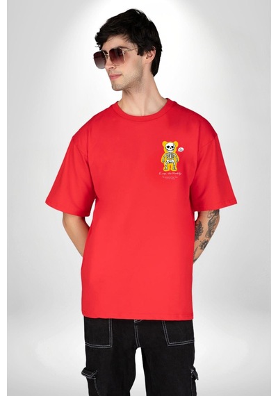 Beyin Gülüşü Kırmızı Oversize Unisex Ön Ve Sırt Baskılı Tişört Kırmızı