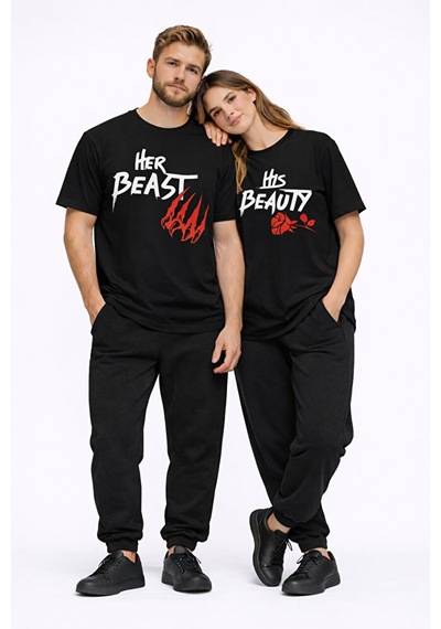 Sevgili Kombini Her Beast His Beauty Oversize Çift Tişört Unisex Siyah